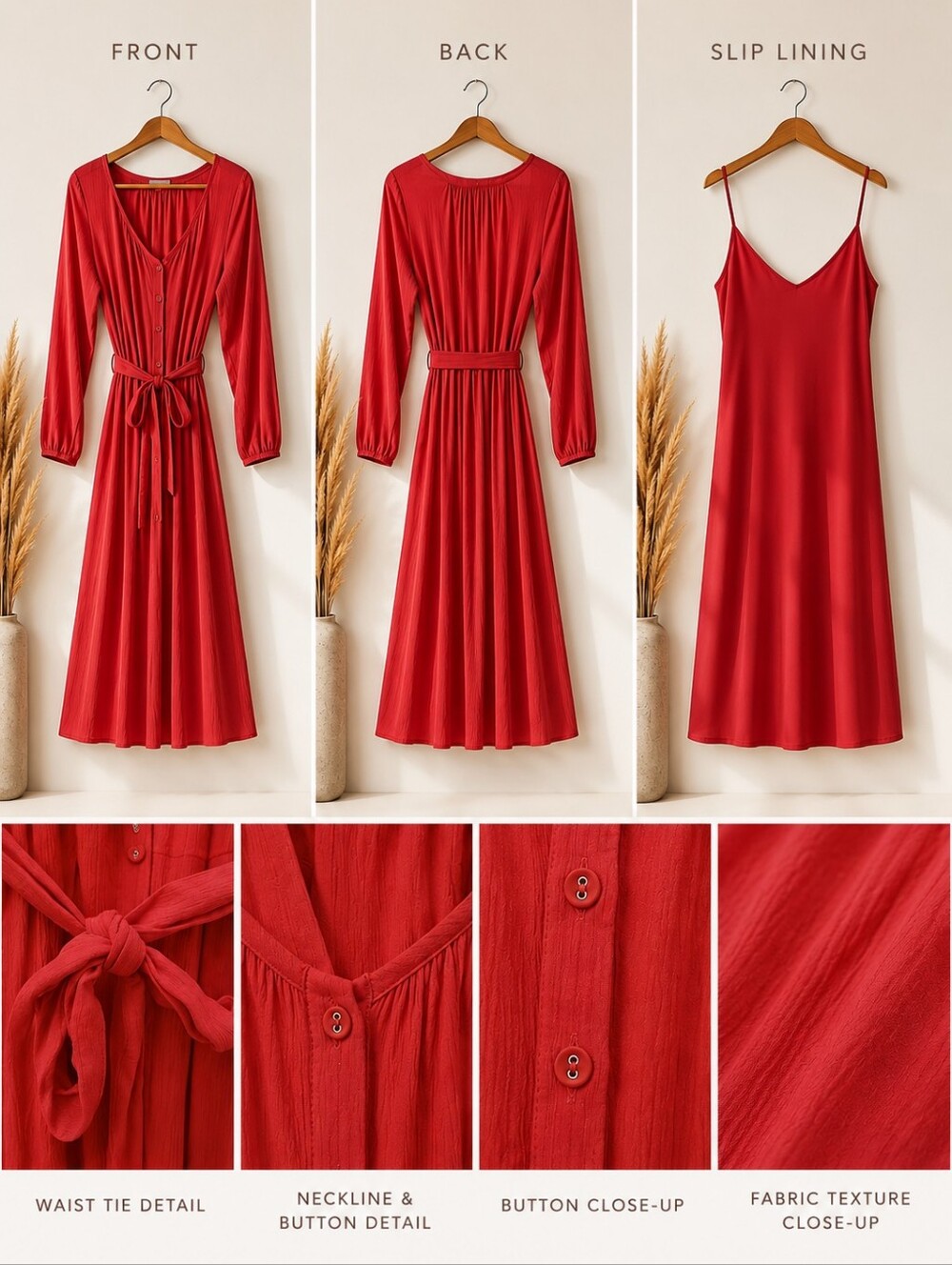 ❤️ Lovestitch Red Maxi Dress|Large | V-Neck Long Sleeve Waist Tie Boho Romantic - Picture 5 of 8